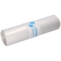 A roll of EMIL DEISS KG (GmbH + Co.) DEISS 19005 transparent garbage bags (700x1100x0.07 mm, 25 pieces) with white and blue label, depicted on a solid white background.