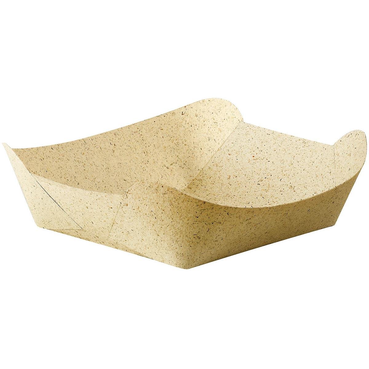 The biodegradable grass paper bowl "Bloom Small" (150x145 mm) from Duni GmbH impresses with a raised, curved edge and speckled texture - the sustainable disposable bowl in a pack of 500 for eco-friendly enjoyment.