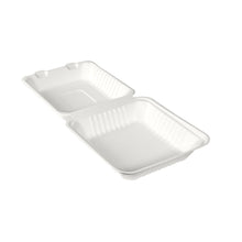 The BioPak menu box 1000 ml made of white bagasse from Duni GmbH (225x201x85 mm, 50 pieces) is open and shows two empty, ribbed compartments - a sustainable packaging solution made from biodegradable material.