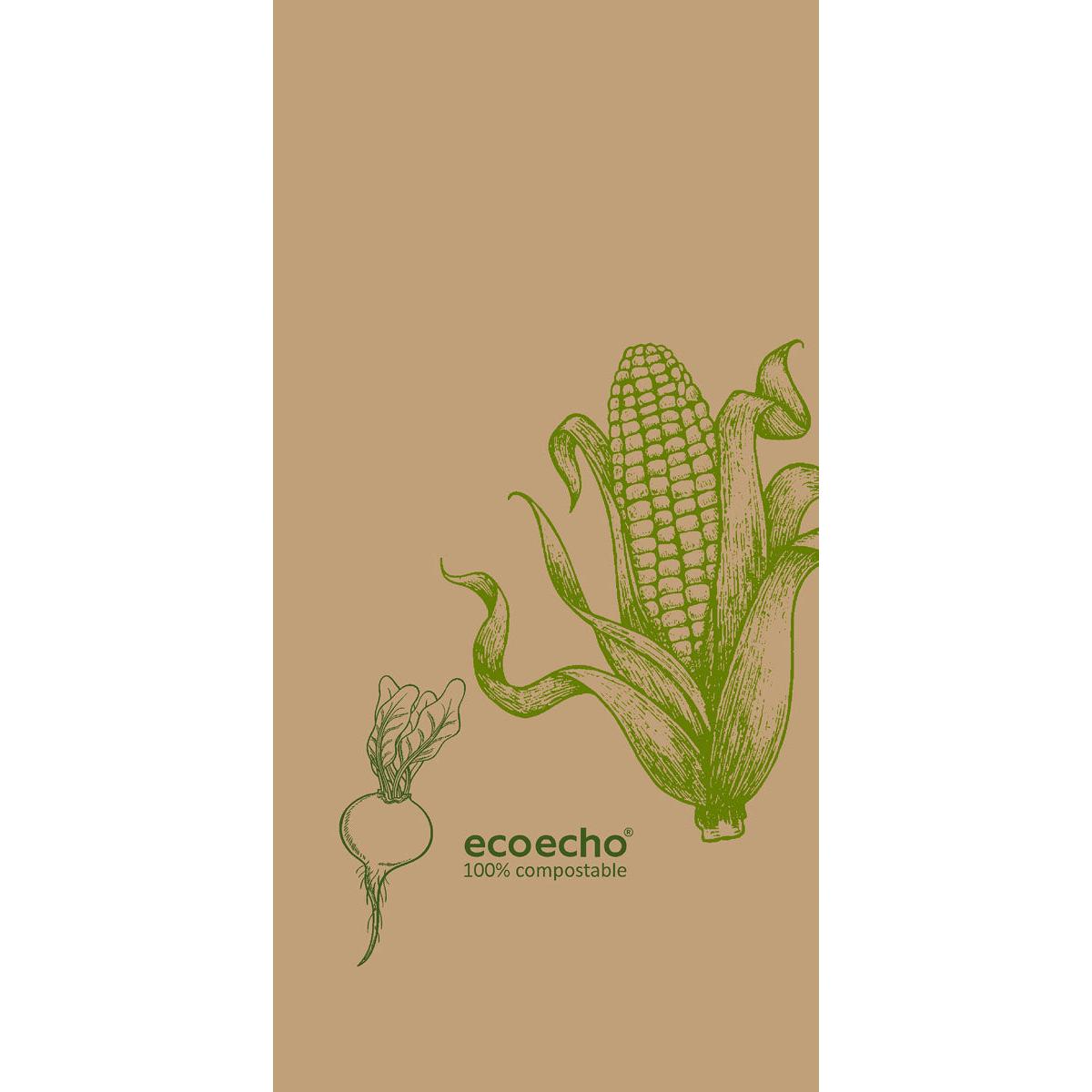 Eine Abbildung von Mais und einem Wurzelgemüse auf hellbraunem Grund mit "ecoecho 100% kompostierbar" darunter hebt die Duni GmbH Zelltuchservietten 40 x 40 cm, 2-lagig, 1/8 Buchfalz Veggies, Packung (300 Stück) hervor.