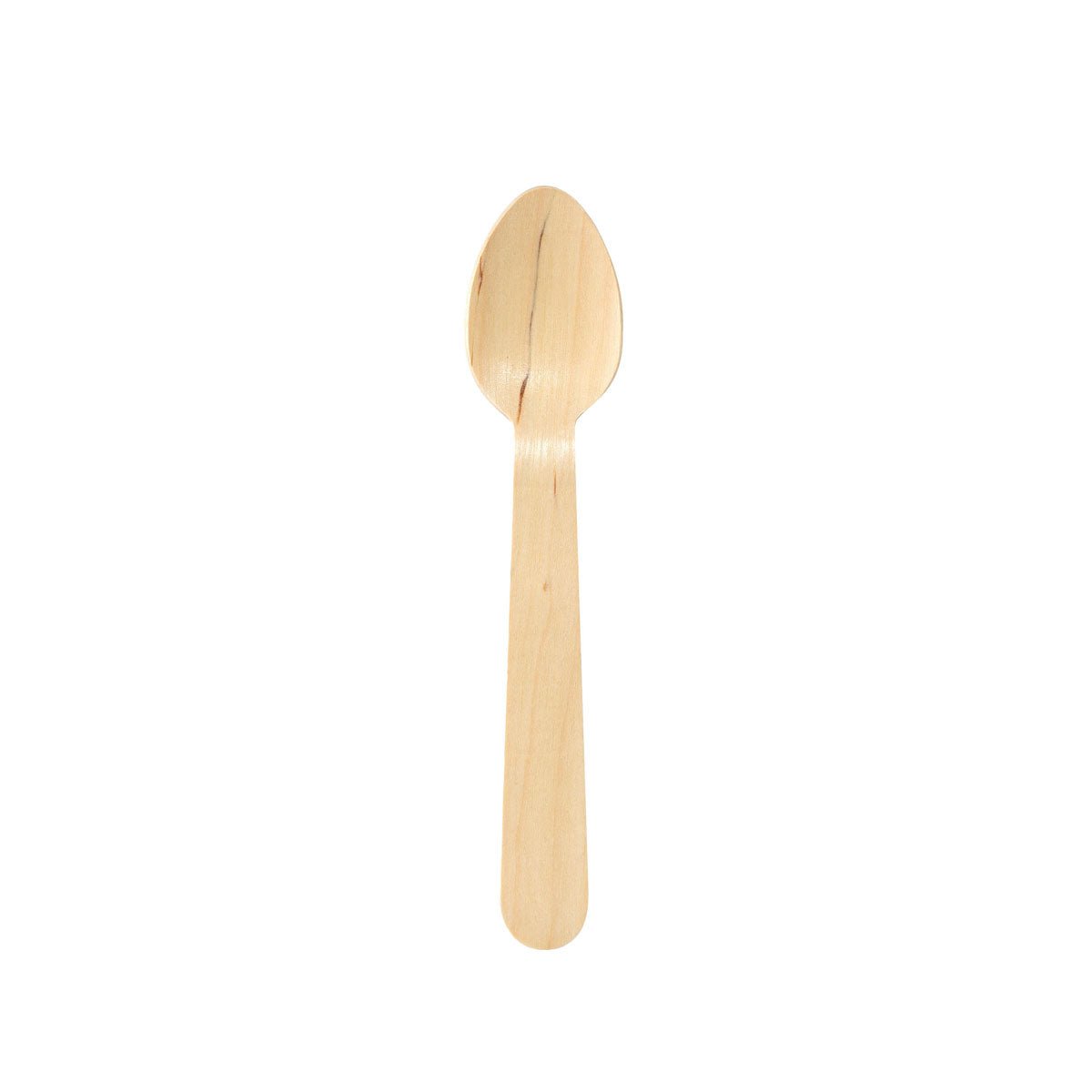 A single displayed coffee spoon 110 mm made of waxed wood by Duni GmbH with a natural finish, round bowl, and flat handle against a white background. Package contains 100 pieces.