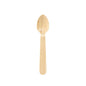 A single displayed coffee spoon 110 mm made of waxed wood by Duni GmbH with a natural finish, round bowl, and flat handle against a white background. Package contains 100 pieces.