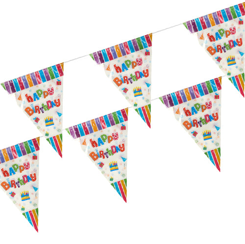 The weatherproof foil pennant chain of PAPSTAR GmbH features colorful “Happy Birthday” pennants with cakes, balloons, and a striped border - perfect for outdoor events. Part of the PAPSTAR pennant chain collection.
