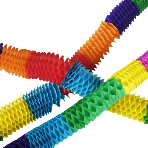 The PAPSTAR 4 garlands from PAPSTAR GmbH are textured, accordion-style paper garlands in red, orange, yellow, green, blue, and purple. Diagonally interwoven on a white background, they are reusable and add a festive touch to any celebration.