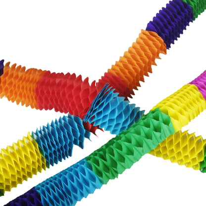 The PAPSTAR 4 garlands from PAPSTAR GmbH are textured, accordion-style paper garlands in red, orange, yellow, green, blue, and purple. Diagonally interwoven on a white background, they are reusable and add a festive touch to any celebration.