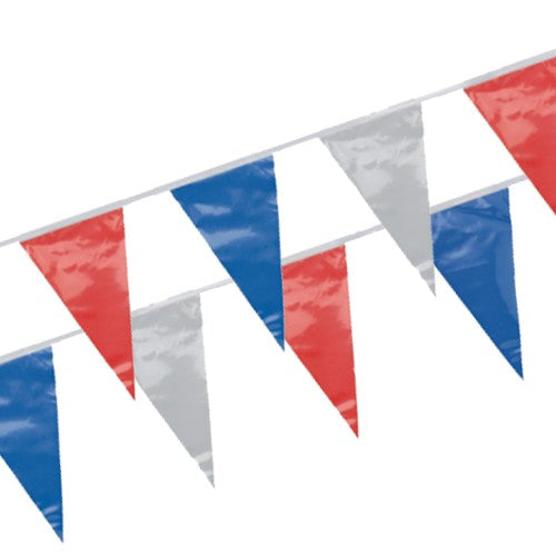 The PAPSTAR pennant chain, weatherproof foil of PAPSTAR GmbH consists of red-white-blue triangular pennant flags on a string - perfect for outdoor events and decorations.