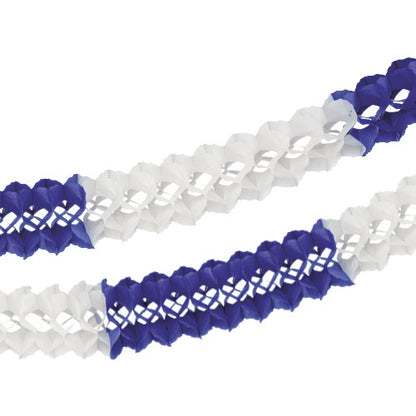 Two PAPSTAR large room garlands (Ø 16 cm, 10 m, flame retardant) in white and dark blue/white from PAPSTAR GmbH create an elegant decor with additional fire safety diagonally on a white background.