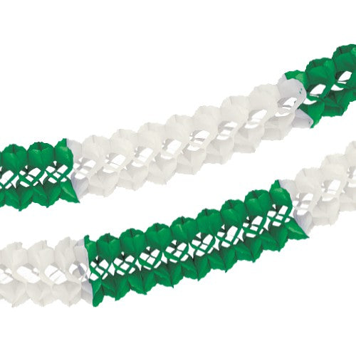 Two PAPSTAR large room garlands (paper, flame retardant, Ø 16 cm · 10 m) from PAPSTAR GmbH are depicted with a green-white, alternating zigzag pattern and are therefore ideal as decoration against a simple white background.
