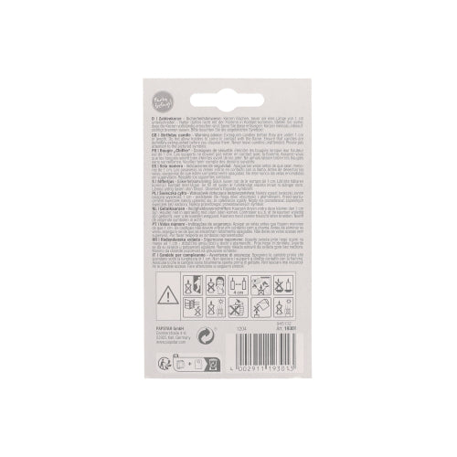 On the back of a package of PAPSTAR number candle 7.3 cm white with a red edge from PAPSTAR GmbH there are text instructions, warning symbols, and a barcode on a plain white background - ideal for anniversaries and birthdays.