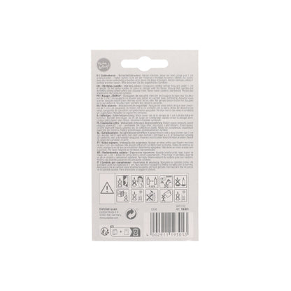 On the back of a package of PAPSTAR number candle 7.3 cm white with a red edge from PAPSTAR GmbH there are text instructions, warning symbols, and a barcode on a plain white background - ideal for anniversaries and birthdays.