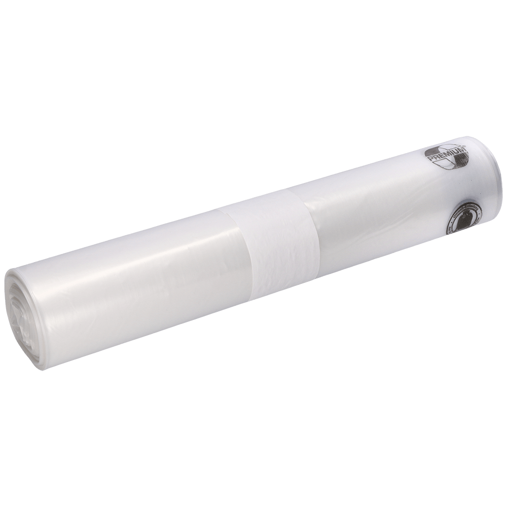 A roll of EMIL DEISS KG (GmbH + Co.) DEISS 19302 - 800x1000x0.05 mm transparent garbage bags (25 pieces) with a white label in the middle, depicted on a plain white background.