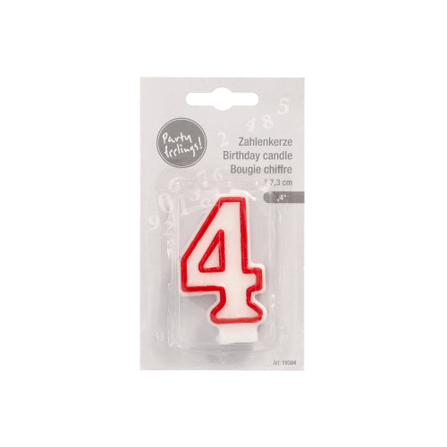 The number candle 7.3 cm from PAPSTAR GmbH in white with a red contour, in the shape of the number 4, comes packaged with "party feeling!" and multilingual text (German, English, French) - ideal for birthdays and anniversaries.