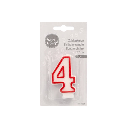 The number candle 7.3 cm from PAPSTAR GmbH in white with a red contour, in the shape of the number 4, comes packaged with "party feeling!" and multilingual text (German, English, French) - ideal for birthdays and anniversaries.
