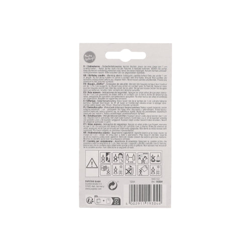Back of the PAPSTAR GmbH number candle 7.3 cm white with a red edge. Packaging with multilingual safety instructions, warning symbols, barcode, and hanging cutout - ideal for anniversaries or birthdays. Black text on white.