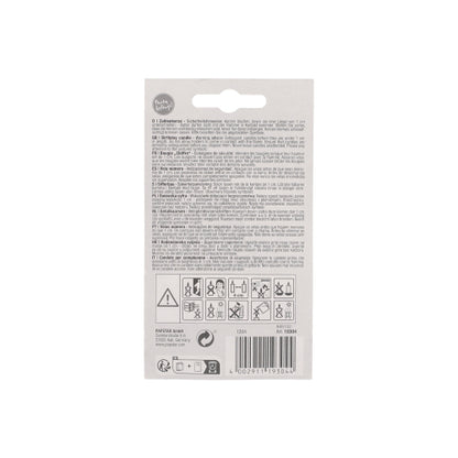 Back of the PAPSTAR GmbH number candle 7.3 cm white with a red edge. Packaging with multilingual safety instructions, warning symbols, barcode, and hanging cutout - ideal for anniversaries or birthdays. Black text on white.