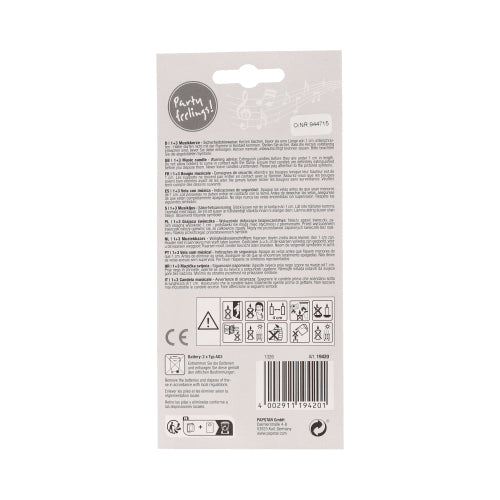 On the back of the packaging of the PAPSTAR music candle "Happy Birthday" 12 cm, colorful with replacement candles (blister, 1 piece) there are safety instructions, a multilingual manual, warning and recycling symbols, a barcode, and a PAPSTAR GmbH information in black on white.