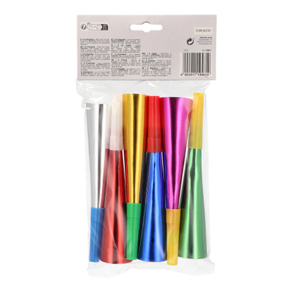 A transparent plastic bag with six PAPSTAR trumpets assorted colors "Metallic" party blowers (18 cm) in various colors, festive decoration from PAPSTAR GmbH, is provided with a white cardboard header with product information.