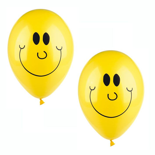 Zwei PAPSTAR 10 Luftballons Ø 25 cm von PAPSTAR GmbH aus hochwertigem Latex mit schwarzen Smiley-Gesichtern fröhlich dekoriert vor weißem Hintergrund.