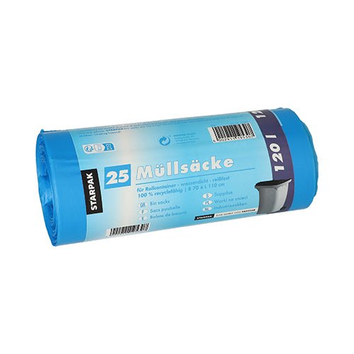 Starpak 25 garbage bags, HDPE 120 l (110 x 70 cm); each sturdy blue bag contains recycling information, dimensions, and a barcode on the packaging for easy reference.
