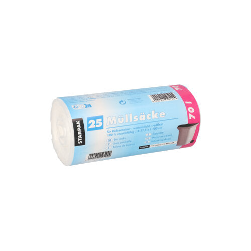 Pictured is a roll of 25 transparent Starpak garbage bags (HDPE, 70l, 100x57.5cm) with German product information on the banderole from Starpak on a white background.