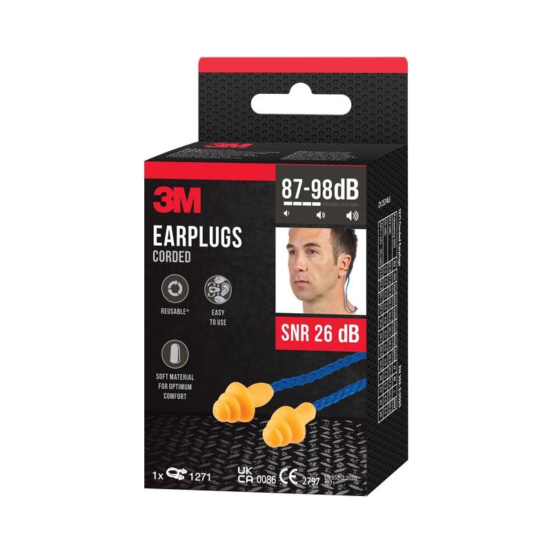 A box of 3M™ Earplugs with Cord 1271, Triple-Flange Design, reusable, SNR 26 dB (87-98 dB), orange from 3M Deutschland GmbH, shows product info, wearing image, and icons for noise protection and comfort.
