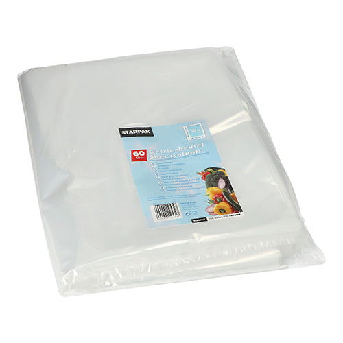 A pack of Starpak 50 freezer bags (LDPE, 60 l, 90 cm x 50 cm, transparent), sealed in clear foil with a blue and white label with text and food images, lies on a white surface.