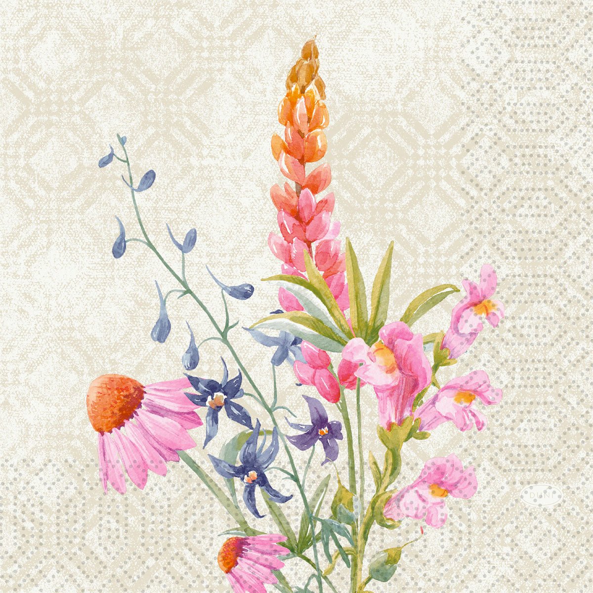 High-quality 33x33 cm napkins from Duni GmbH featuring a floret watercolor bouquet with pink lupines, daisies, purple blossoms, and green leaves on a beige patterned background. 3-ply. Pack of 50 pieces: Serv.33x33 Floret 3lg 1/4.