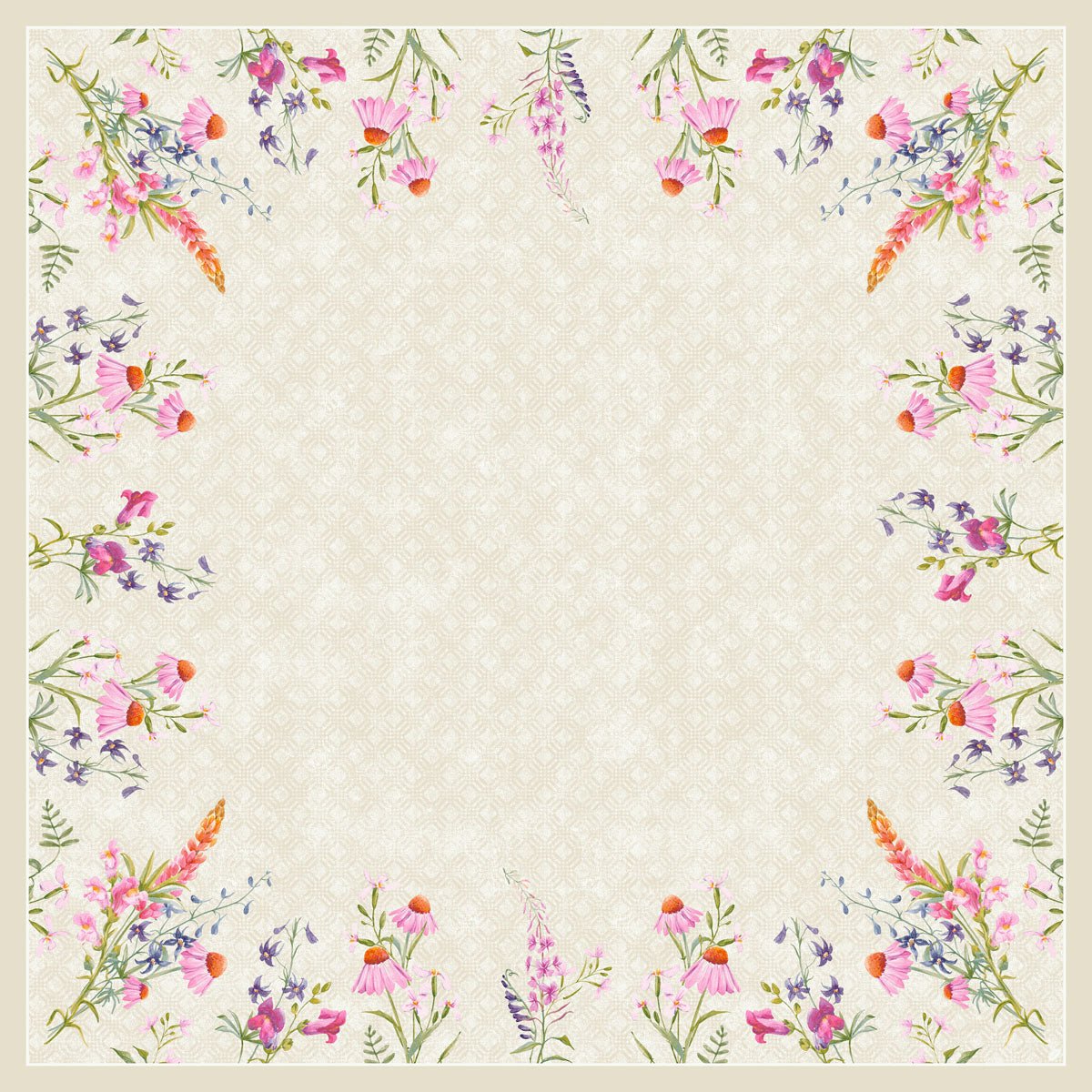 The Dunicel table cover 84x84cm Floret from Duni GmbH is a square beige table cover with a subtle floral pattern and watercolor-like wildflower borders in pink, purple, orange, and green; the center is free for text or images.
