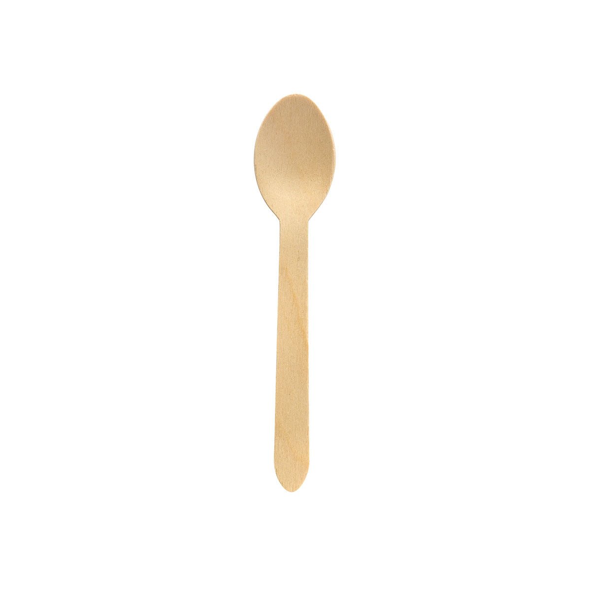 A single Duni GmbH spoon 160 mm, waxed wood, with a rounded bowl and straight handle stands centrally on a white background - an ideal eco-friendly disposable cutlery. Package: 100 pieces.