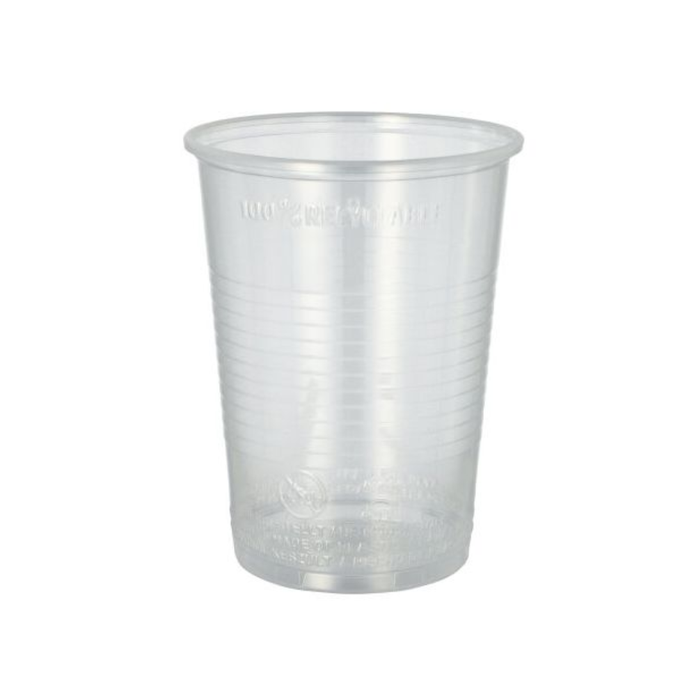 A transparent Starpak plastic cup (PP) with vertical grooves is depicted against a plain white background. The 0.4-liter cup with a 9.5 cm diameter and 12.2 cm height appears empty and has an embossed text at the top.