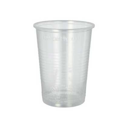 A transparent Starpak plastic cup (PP) with vertical grooves is depicted against a plain white background. The 0.4-liter cup with a 9.5 cm diameter and 12.2 cm height appears empty and has an embossed text at the top.