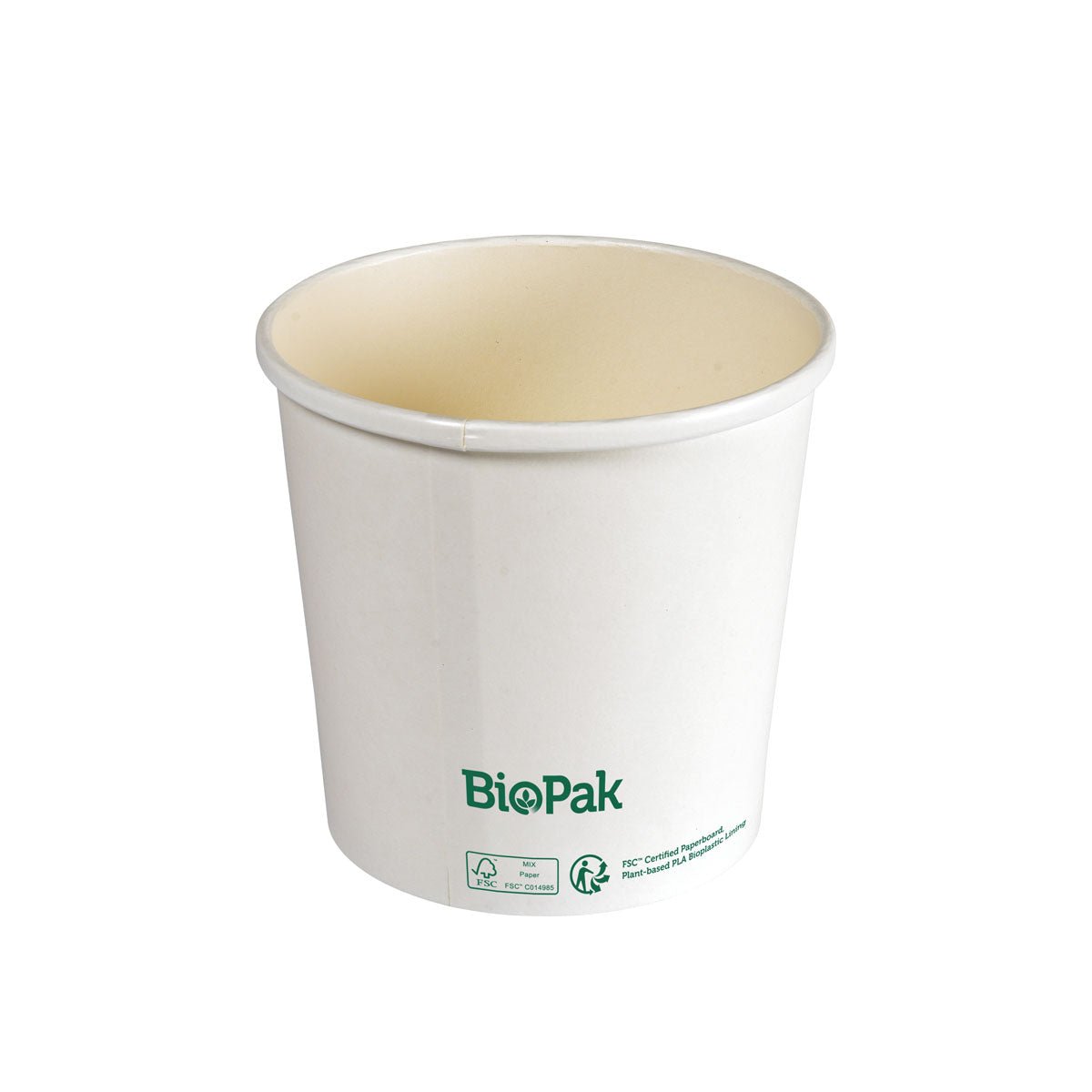 A simple white Ronda SLIM cardboard/PLA bowl by Duni GmbH with green branding and recycling symbols, standing upright on a white background - perfect for environmentally friendly and biodegradable use.