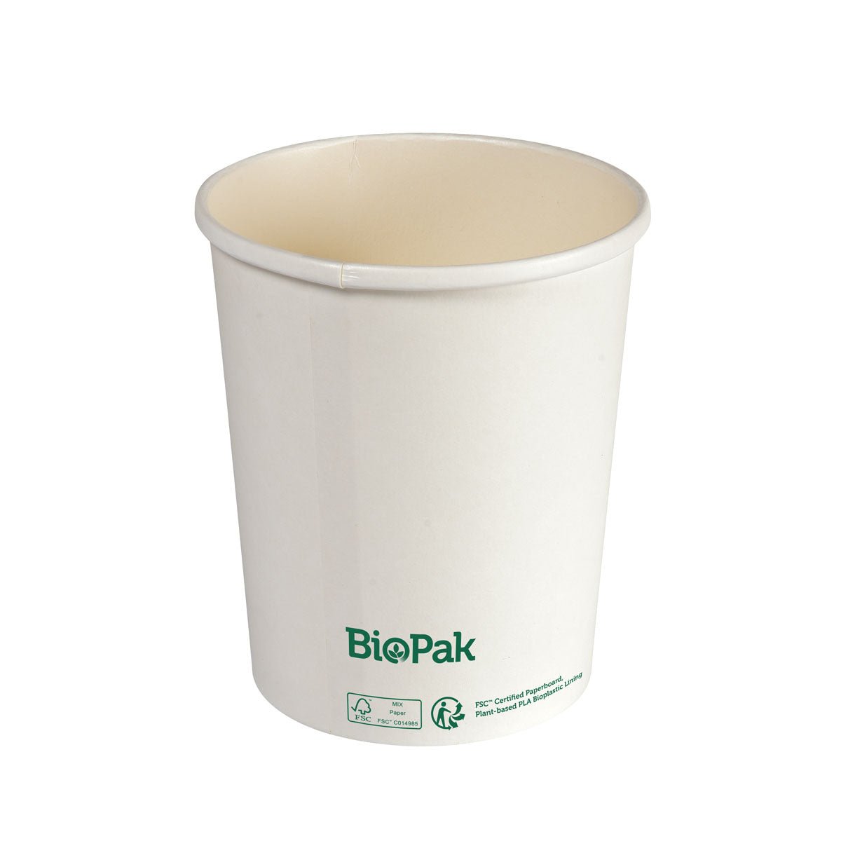 A Ronda SLIM cardboard/PLA bowl by Duni GmbH with a simple white design and eco-friendly labeling stands upright against a white background to present its sustainable materials.