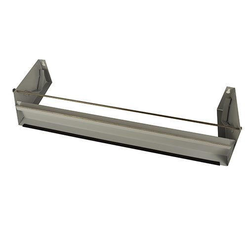 The Starpak film separator device, single for 45 cm wide large rolls, is a wall dispenser made of metal with a horizontal cutting rail and side brackets - ideal for industrial packaging systems or use as a film separator device.