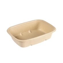Der Bagasse Bowl CUBE RECTANGULAR von Duni GmbH ist ein brauner, unbeschichteter, biologisch abbaubarer, geformter Lebensmittelbehälter aus Fasern, der leer auf weißem Hintergrund abgebildet ist.