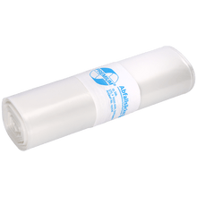 Abgebildet ist eine weiße Rolle EMIL DEISS KG (GmbH + Co.) DEISS Müllsäcke 575x1000x0,06 mm aus Recycling-LDPE 70 l mit blauem und weißem Etikett auf weißem Hintergrund. Diese Säcke sind ideal für die tägliche Abfallentsorgung.