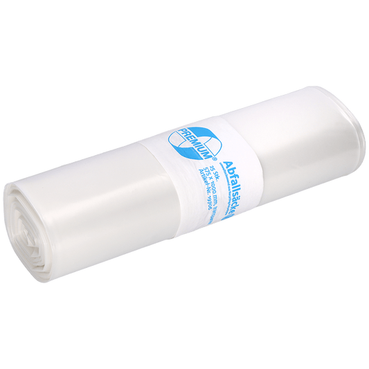 Abgebildet ist eine weiße Rolle EMIL DEISS KG (GmbH + Co.) DEISS Müllsäcke 575x1000x0,06 mm aus Recycling-LDPE 70 l mit blauem und weißem Etikett auf weißem Hintergrund. Diese Säcke sind ideal für die tägliche Abfallentsorgung.