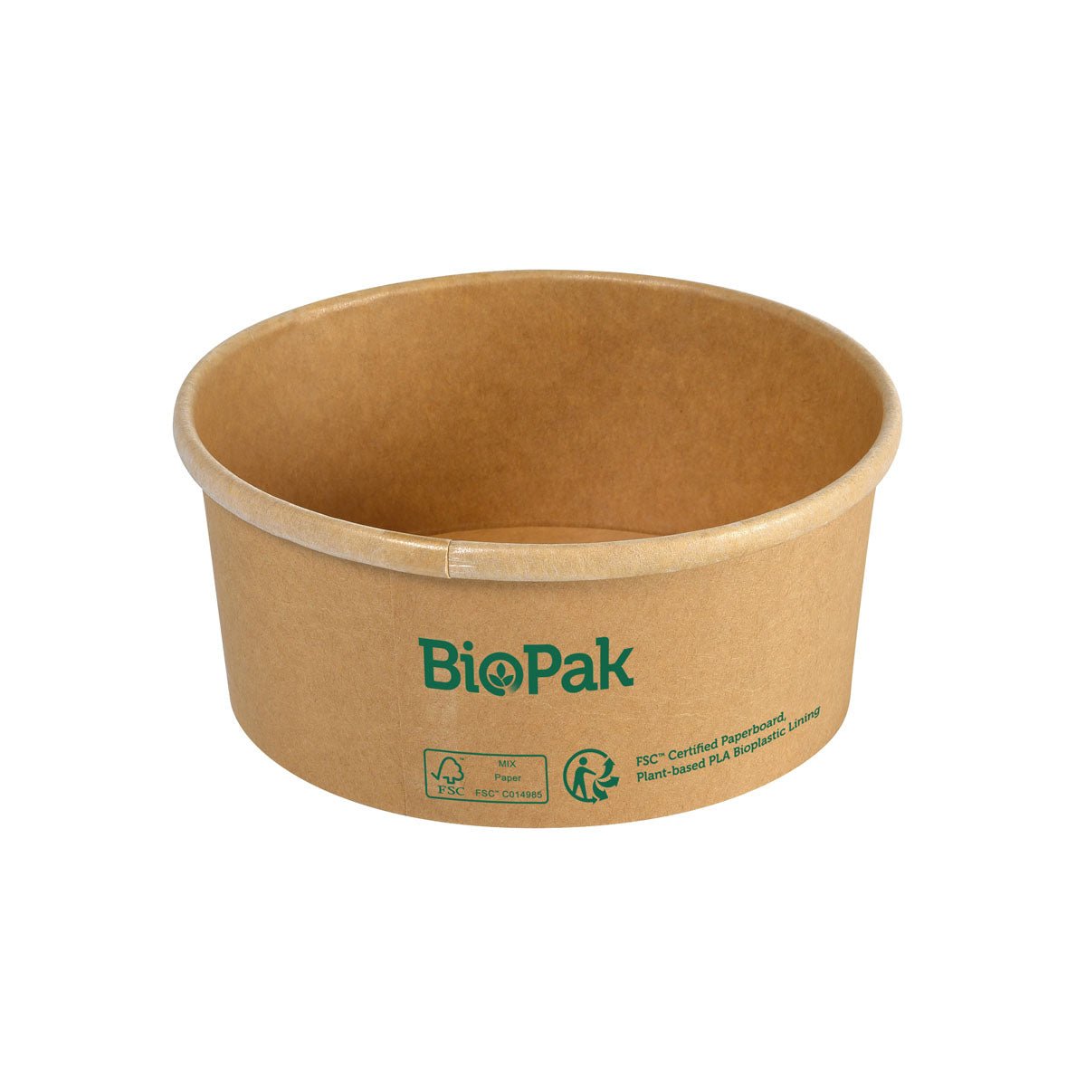 The simple brown Ronda SLIM cardboard/PLA bowl by Duni GmbH is adorned with a green logo and eco-friendly symbols that emphasize its biodegradable design, photographed against a white background.