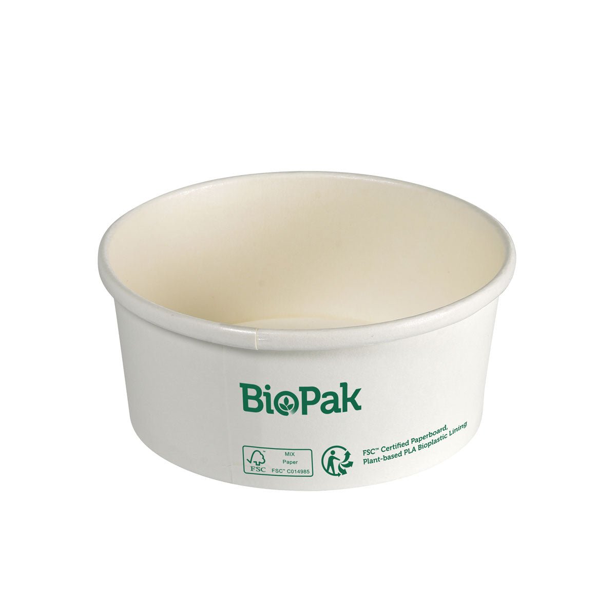 White, round Ronda SLIM cardboard/PLA disposable bowl by Duni GmbH with a green logo and eco-friendly certification symbols on the side against a plain white background.