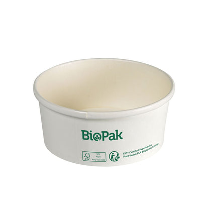 White, round Ronda SLIM cardboard/PLA disposable bowl by Duni GmbH with a green logo and eco-friendly certification symbols on the side against a plain white background.