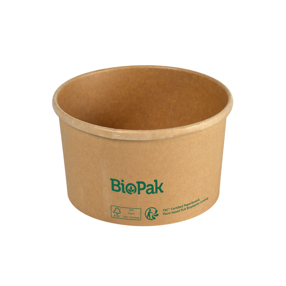 A simple brown Ronda SLIM cardboard/PLA bowl by Duni GmbH, with the brand logo and certification symbols in green on the side, depicted against a white background.