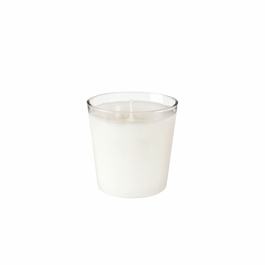 Die Duni GmbH Nachfülleinheit Switch&Shine, 6er Set, weiß - Hochwertige Reinigung - zeigt eine weiße Kerze in einem klaren Glashalter mit einem unverbrannten Docht. Umweltfreundlicher, langanhaltender Duft, ideal als Nachfüller für jeden Raum. Die Packung enthält 6 Stück.