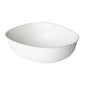 Der Bowl Bagasse Pebble 500 ml Weiß Bagasse von Duni GmbH ist ein ovaler, weißer, biologisch abbaubarer Einwegbehälter mit glatten und leicht strukturierten Rändern, der in Packungen zu 50 Stück verkauft wird, abgebildet auf weißem Hintergrund.