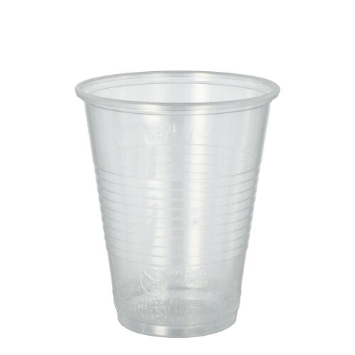 A transparent Starpak 20 drinking cup (PP, 0.3l, Ø 9.5 cm · 11.1 cm) with a flared foam rim and horizontal grip grooves is depicted on a plain white background. Delivered in a pack of 20 with shrink wrap.