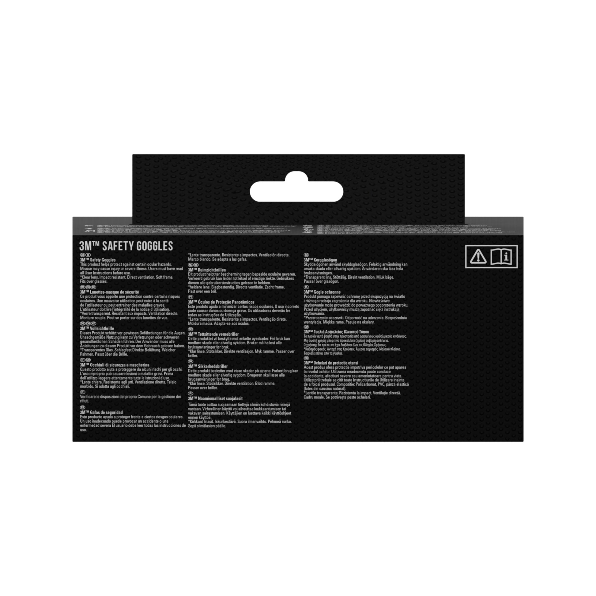 Die Rückseite der Verpackung der 3M™ Classic Schutzbrille 4700 (1 Stück) von 3M Deutschland GmbH zeigt mehrsprachige Sicherheitshinweise und Anwendungsdetails in kleiner weißer Schrift auf schwarzem Grund, mit zwei Sicherheitssymbolen in der oberen rechten Ecke.