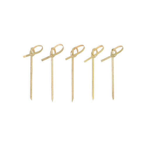 Forty PAPSTAR 40 finger food picks "pure" from PAPSTAR GmbH made of bamboo with pointed ends and looped knots stand neatly and evenly upright on a simple white surface, ideal for serving finger food.