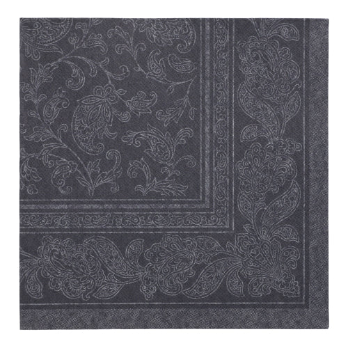 Nahaufnahme einer quadratischen, schwarzen Serviette PAPSTAR 50 Servietten "ROYAL Collection" 1/4-Falz 40 x 40 cm der PAPSTAR GmbH mit aufwändigem Paisley- und Blumenmuster am Rand und in der Mitte.