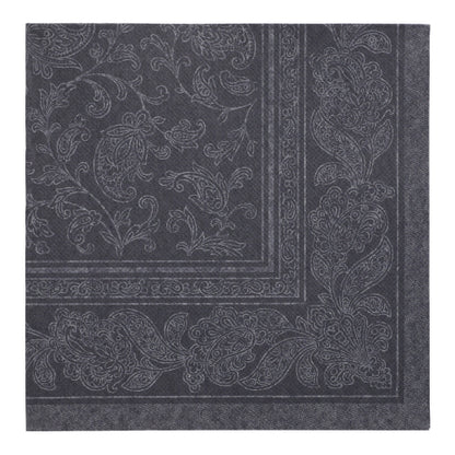 Close-up of a square, black napkin PAPSTAR 50 napkins "ROYAL Collection" 1/4 fold 40 x 40 cm of PAPSTAR GmbH with elaborate paisley and floral pattern on the edge and in the center.