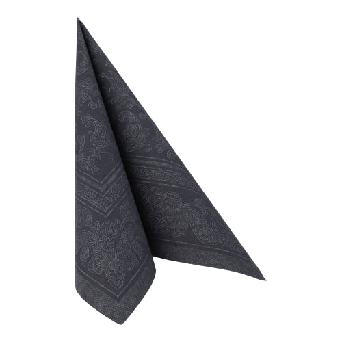 A neatly folded black napkin, similar to the PAPSTAR 50 napkins "ROYAL Collection" 1/4 fold 40 x 40 cm black of PAPSTAR GmbH, stands upright against a plain white background.