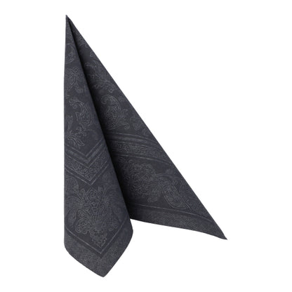 A neatly folded black napkin, similar to the PAPSTAR 50 napkins "ROYAL Collection" 1/4 fold 40 x 40 cm black of PAPSTAR GmbH, stands upright against a plain white background.